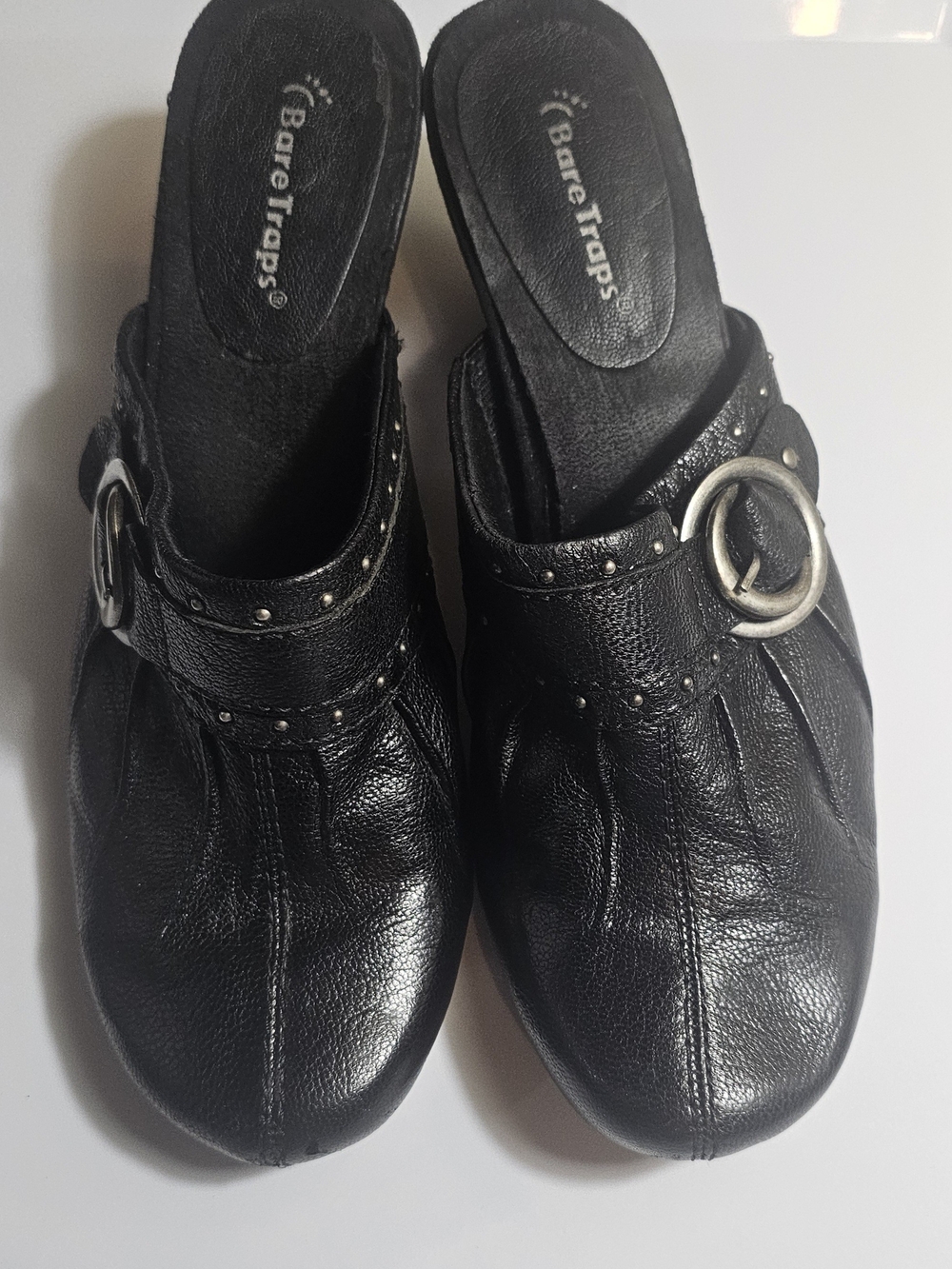 BareTraps Black Leather Slip-On Mule with Buckle